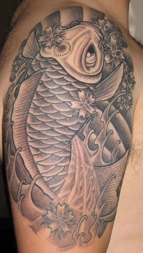 Black And White Koi Fish Tattoo On Half Sleeve